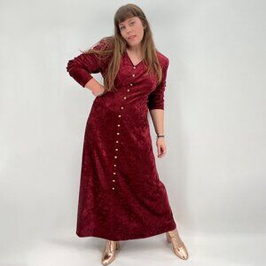 Vintage 90s Bentley Red Crushed Velvet Tie Back Long Sleeve Midi Dress M/L